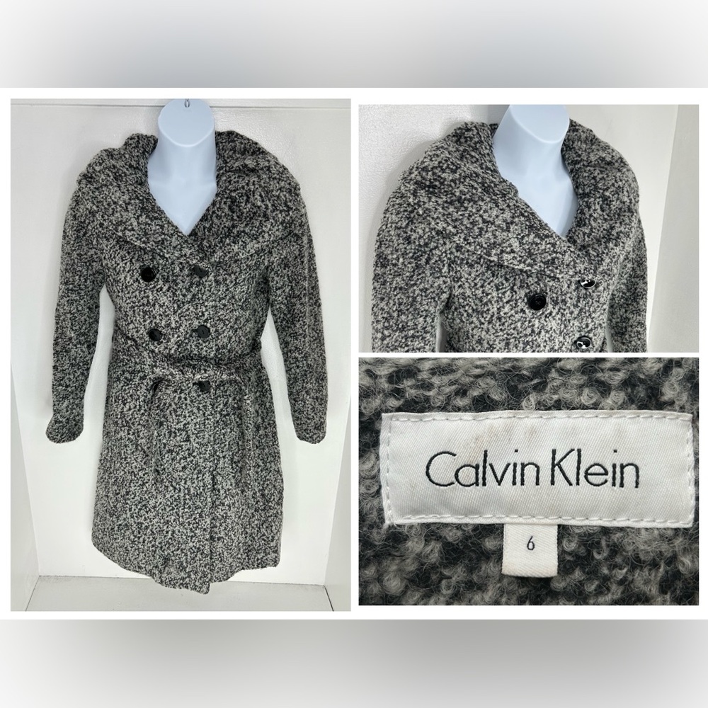 Calvin Klein Pea Coat Size 6 Black White Double Breasted Long Winter Jacket‎